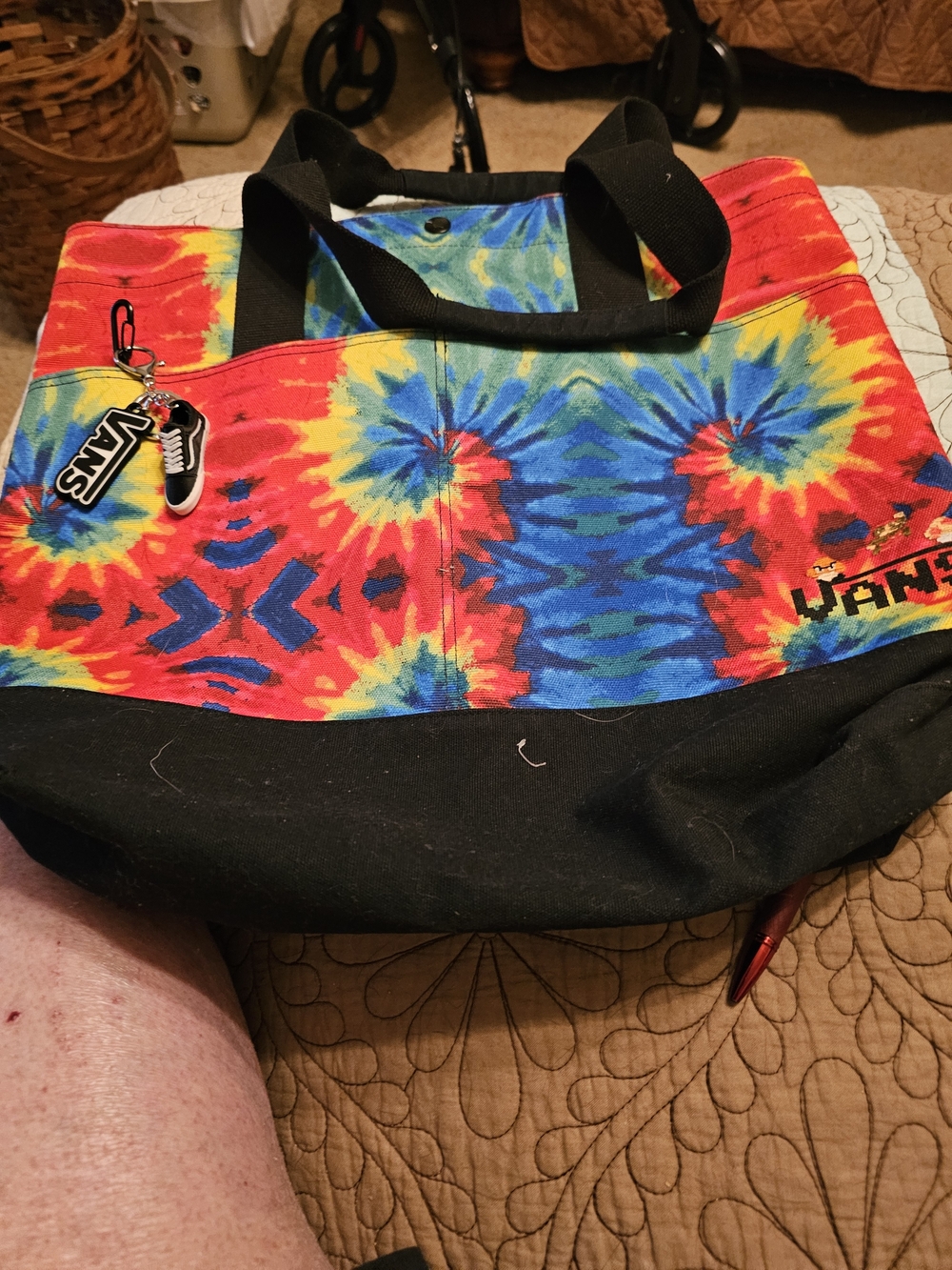 Vans Nintendo Tie-Dye Canvas Tote Bag in Red, Blue, Yellow with Black Base